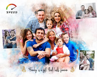 May include: A watercolor painting of a family with a quote "Family is a gift that lasts forever". The family is sitting together, smiling, and looking at the camera. The painting is in shades of blue, pink, and green.