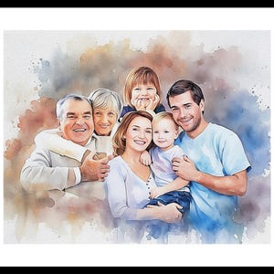 May include: A watercolor painting of a family portrait. The family is made up of two grandparents, two parents, and a young child. The grandparents are smiling and the parents are holding the child. The painting is done in a soft, muted color palette.
