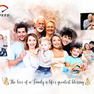 Custom Watercolor Family Portrait From Merging Multiple Photos, Add Deceased Loved One to Photo, Add Someone to Photo, Loss of Loved Ones