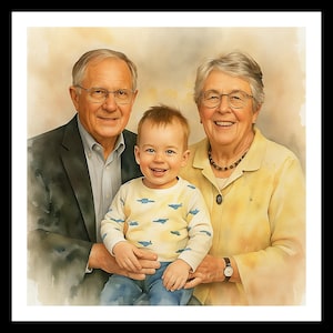 Könnte beinhalten: Aquarellporträt einer Familie: ein lächelndes Baby, das von einem Mann und einer Frau gehalten wird. Das Baby trägt ein gelbes Hemd mit blauen Flugzeugmotiven und eine blaue Jeans. Die Erwachsenen tragen Brillen und lächeln. Der Hintergrund ist eine weiche Aquarellwäsche.
