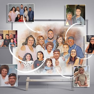 Puede incluir: Una pintura de acuarela de un retrato familiar grande. La pintura presenta múltiples generaciones de una familia, incluyendo abuelos, padres, hijos y un bebé. La familia está vestida con ropa casual y sonríe. La pintura está sobre un fondo marrón claro.