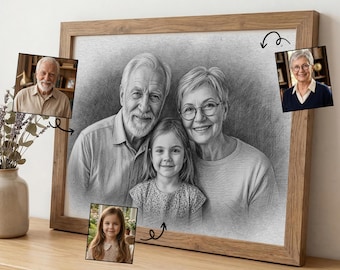 Personalisierte Bleistiftskizze vom Foto, Schwarzweiß-Porträtzeichnung, Muttertagsgeschenk, Beileidsgeschenk, Andenken Kunst