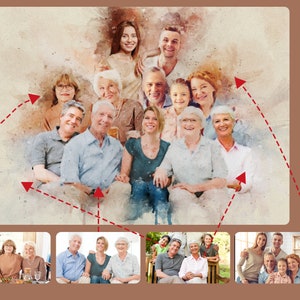 Custom Watercolor Family Portrait From Merging Multiple Photos, Anniversary Gift, Personalized Gifts, Loss of Loved Ones, Father&#39;s Day Gift