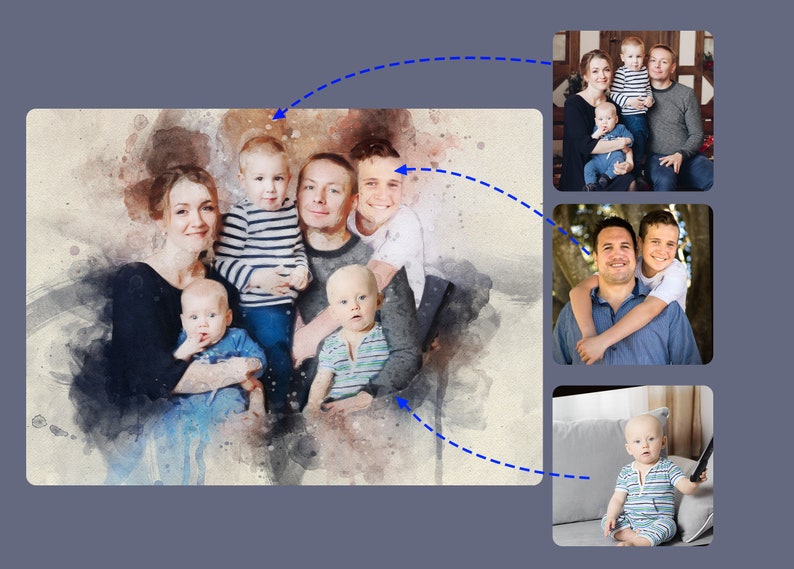 Watercolor Family Portrait From Multiple Photos Merge - Etsy