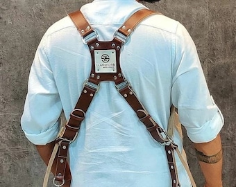 Warrior, Leather Dual Camera Harness in Full Grain, Multi-camera Strap with personalized or customized logo