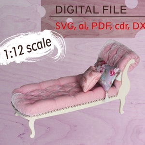 May include: A pink chaise lounge with a floral patterned pillow and a solid pink pillow. The chaise lounge is 1:12 scale and is available as a digital file in SVG, ai, PDF, cdr, and DXF formats.