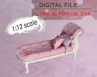 svg Muebles de casa de muñecas para corte / Sofá de casa de muñecas a escala 1:12 / Archivo SVG Sofá cama en miniatura / Patrón de muebles en miniatura / Doll Chaise lounge