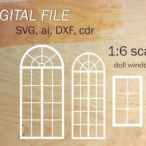 svg dollhouse windows, 1:6 scale svg file, digital miniature for doll house, doll windows for roombox, 1/6 dollhouse, decorative windows