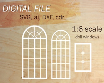 svg dollhouse windows, 1:6 scale svg file, digital miniature for doll house, doll windows for roombox, 1/6 dollhouse, decorative windows