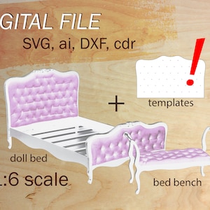 digital file of doll bed, SVG dollhouse furniture, 1:6 scale bed, SVG files for cut, digital files for doll, SVG doll bed image 1