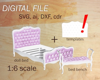 digital file of doll bed, SVG dollhouse furniture, 1:6 scale bed, SVG files for cut, digital files for doll, SVG doll bed