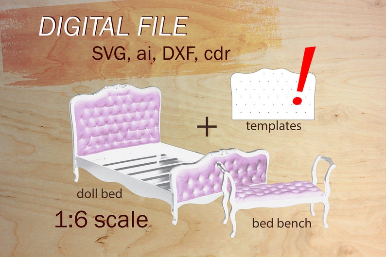 digital file of doll bed, SVG dollhouse furniture, 1:6 scale bed, SVG files for cut, digital files for doll, SVG doll bed image 1
