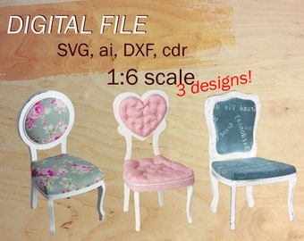 dollhouse chair SVG, digital doll chair, 1/6 scale doll chair svg, 1:6 dolls miniature SVG, digital file for doll, doll house chairs