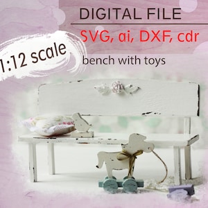 doll furniture svg file, 1:12 scale miniature pattern, dollhouse bench svg, for 1/12 diorama, shabby chic miniature