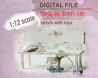 doll furniture svg file, 1:12 scale miniature pattern, dollhouse bench svg, for 1/12 diorama, shabby chic miniature