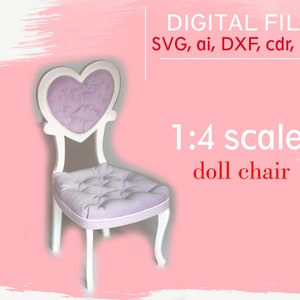 May include: A white doll's chair with a heart-shaped back and a purple cushion. The chair is 1:4 scale and is available in SVG, ai, DXF, cdr, and PDF formats.