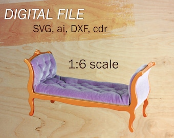doll furniture svg, SVG dollhouse sofa, digital 1:6 furniture, 1/6 scale sofa, miniature SVG file, svg bed for dolls