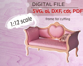 Miniature Furniture SVG File for Cut Dollhouse Sofa 1/12 scale Pattern SVG for DIY Miniature Sofa Doll house 1:12 Miniature for Diorama pdf