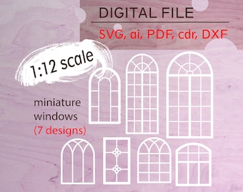 1:12 スケールの SVG ドールハウスの窓、デジタル ダウンロード ファイル ミニチュア、DIY ドールハウス、SVG ファイル、ドールハウスの窓、ミニチュアの窓