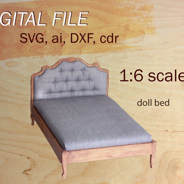 dollhouse bed svg, 1/6 miniature bed, digital doll miniature, pattern for cut, svg files for dolls, 1:6 scale doll bed pattern