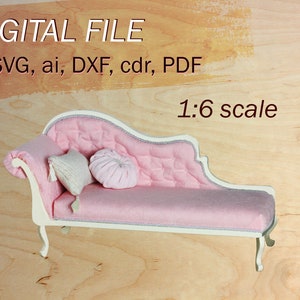 svg dollhouse furniture, 1:6 miniature sofa SVG, digital files for cut, svg doll sofa file, for dollhouse, 1/6 scale svg file for cut