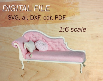 meubles de maison de poupée svg, 1:6 canapé miniature SVG, fichiers numériques pour la coupe, fichier de canapé de poupée svg, pour maison de poupée, fichier svg échelle 1/6 pour la coupe