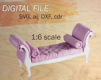 DIGITAL file of doll furniture, doll sofa SVG, 1:6 scale svg file, 1/6 scale miniature sofa SVG, digital doll sofa