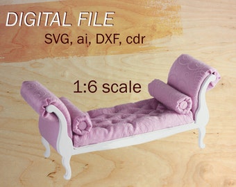 DIGITAL file of doll furniture, doll sofa SVG, 1:6 scale svg file, 1/6 scale miniature sofa SVG, digital doll sofa