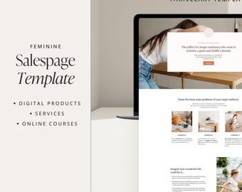 Op de afbeelding: Het scherm van een laptop toont een website-sjabloon voor een verkooppagina. De sjabloon heeft een vrouwelijk ontwerp met een lichte achtergrond en een foto van een vrouw op de achtergrond. De tekst op het scherm luidt "De toolkit voor doelgroepen die een doel willen bereiken en een droom willen verwezenlijken."