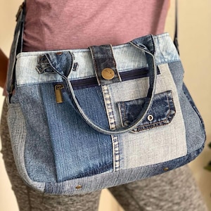 Upcycled denim crossbody bag for travel, school, shopping, work