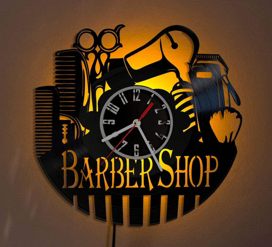 Barber Shop Wall Clock With Led Light Made Out of Vintage Etsy