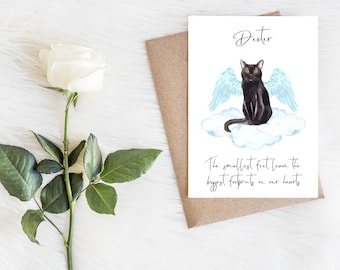 May include: A sympathy card with a black cat with angel wings sitting on a cloud. The card says "Dexter" and "The smallest feet leave the biggest footprints on our hearts."