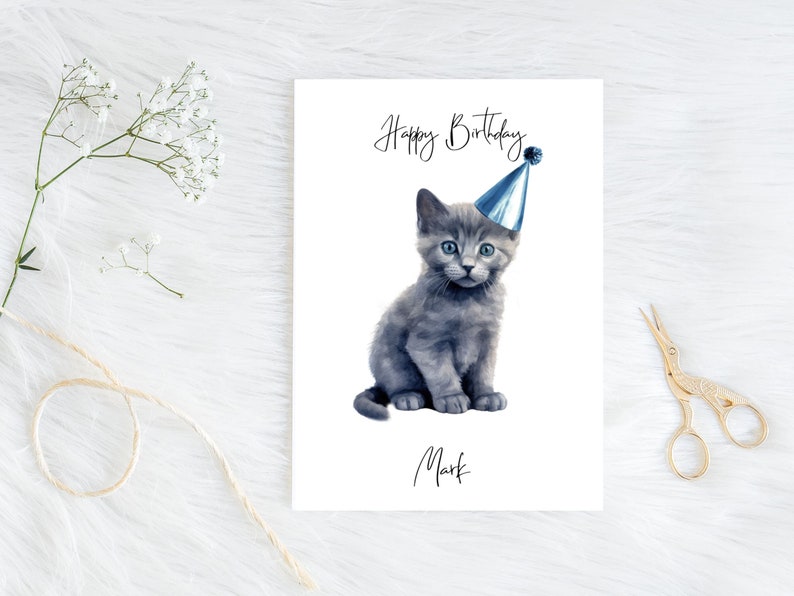 Personalised Blue Russian Cat Birthday card Cat lovers car card, Funny birthday card, Cat lover card, Cat owner card, Cute cat card zdjęcie 1