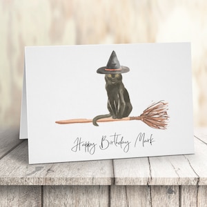 Chat sorcier noir personnalisé sur balai - Carte d’anniversaire de chat -Carte d’amoureux de chat Carte de propriétaire de chat, carte de propriétaire de chat, carte de chat mignon, carte de chat drôle