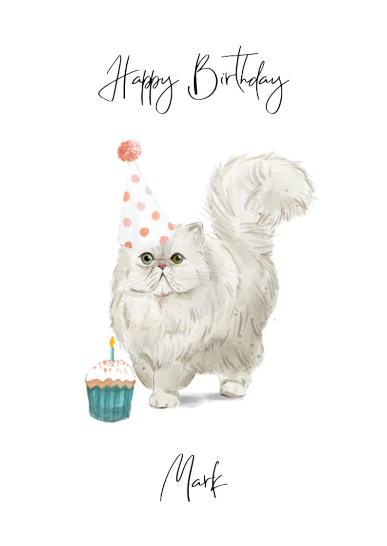Puede incluir: Un gato persa blanco con un gorro de fiesta de lunares rosa y blanco y sosteniendo un cupcake azul y verde con una vela encendida. El texto "Happy Birthday Mark" est&aacute; escrito debajo del gato.