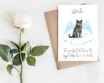 May include: A sympathy card with a watercolor illustration of a gray cat with angel wings sitting on a cloud. The card says "Dexter" at the top and "The smallest feet leave the biggest footprints on our hearts" at the bottom.