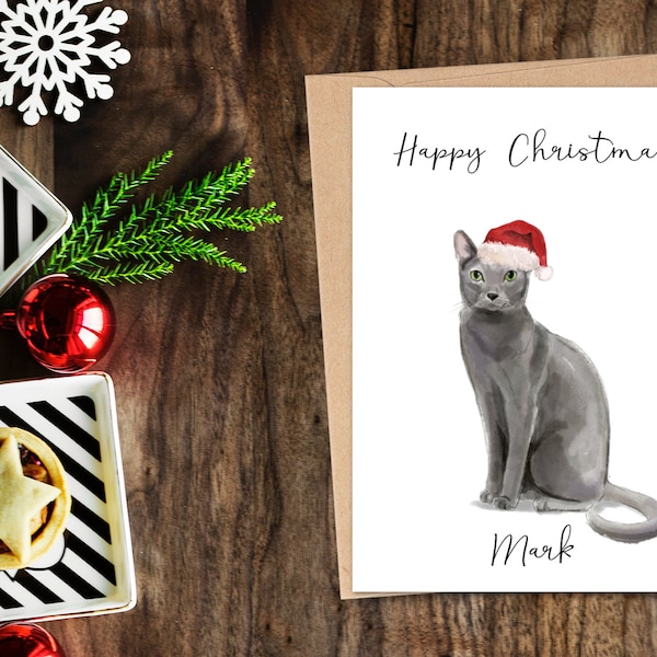 Personnalisé Bleu Russe - Carte de Noël de chat - Carte d’amoureux de chat, Carte de Noël drôle, Carte d’amour de chat, Carte de propriétaire de chat, Carte de chat mignon
