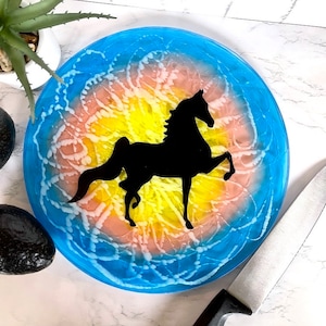Cutting Board, Saddlebred Tricolor, Gift for Saddleseat Rider, Trainer, Lover, Tempered Glass, Teal and Copper, Morgan Horse