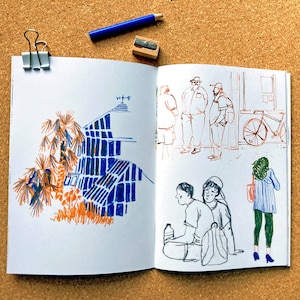 May include: An open sketchbook with a blue and orange drawing of a building and palm trees on the left page. The right page has a black and white drawing of people standing and walking, and a person with a backpack walking away.