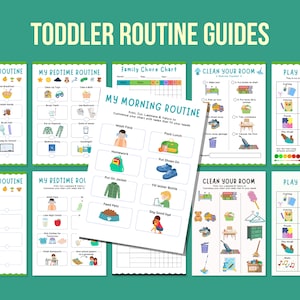May include: A set of printable toddler routine charts with colorful illustrations. The charts include activities like getting dressed, brushing teeth, cleaning the room, and playing. The charts are designed to help toddlers learn and follow a daily routine.