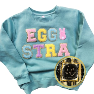 May include: A teal blue sweatshirt with the words "Egg-stra" in colorful felt letters and a pink bunny applique.