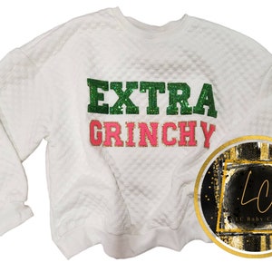 Sudadera acolchada extra grinchy, suéter de chenilla, sudadera grinchy, parches festivos