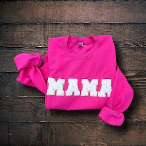 Mama Chanelle letters, mama sweatshirt, hot pink sweatshirt