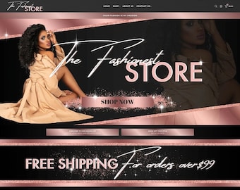Rose Gold Website Banner Templates, Canva Website Template, Fashion Shop Website Design Templates, Glam and Minimalist Website