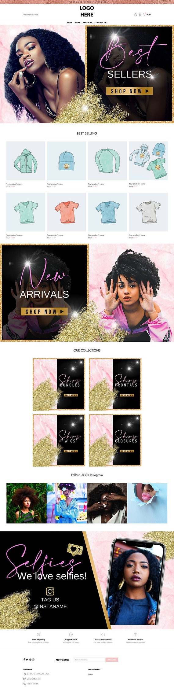 Shopify Website Design, Gold Shopify Theme Website, Premade Website Template, Beauty eCommerce Website, Boutique Website Design