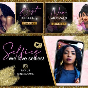May include: Promotional image with four panels. Two panels feature women with text "Best Sellers" and "New Arrivals". The other two panels have the text "Selfies We love selfies!" and a phone with a woman's face. Gold glitter accents the panels.