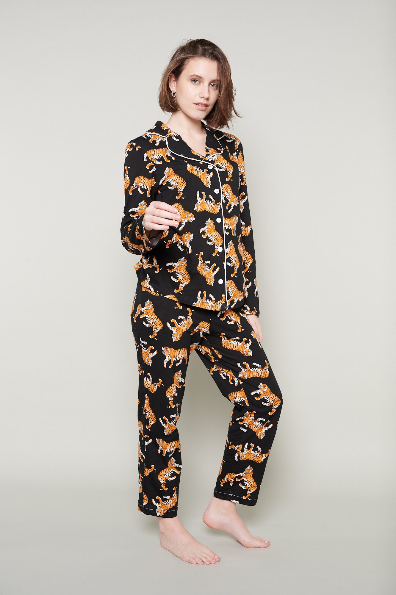 Liona Tiger Print Black Long Pajama Set Long Sleeve Sleep Etsy