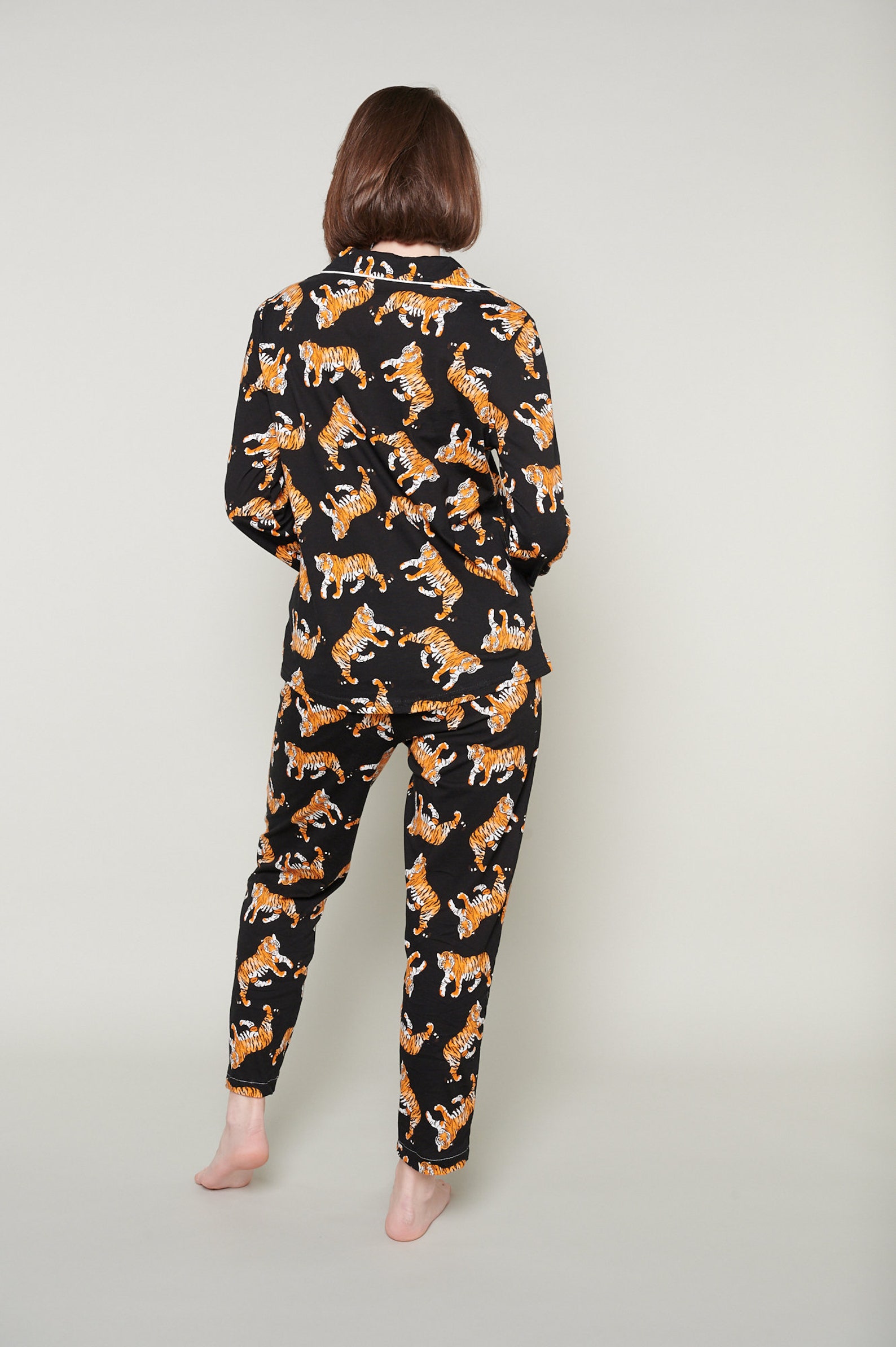 Liona Tiger Print Black Long Pajama Set Long Sleeve Sleep | Etsy