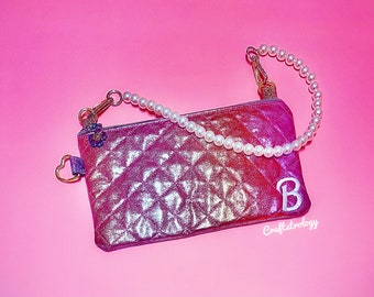 Quilted pink iridescent barbiecore monogrammed handbag