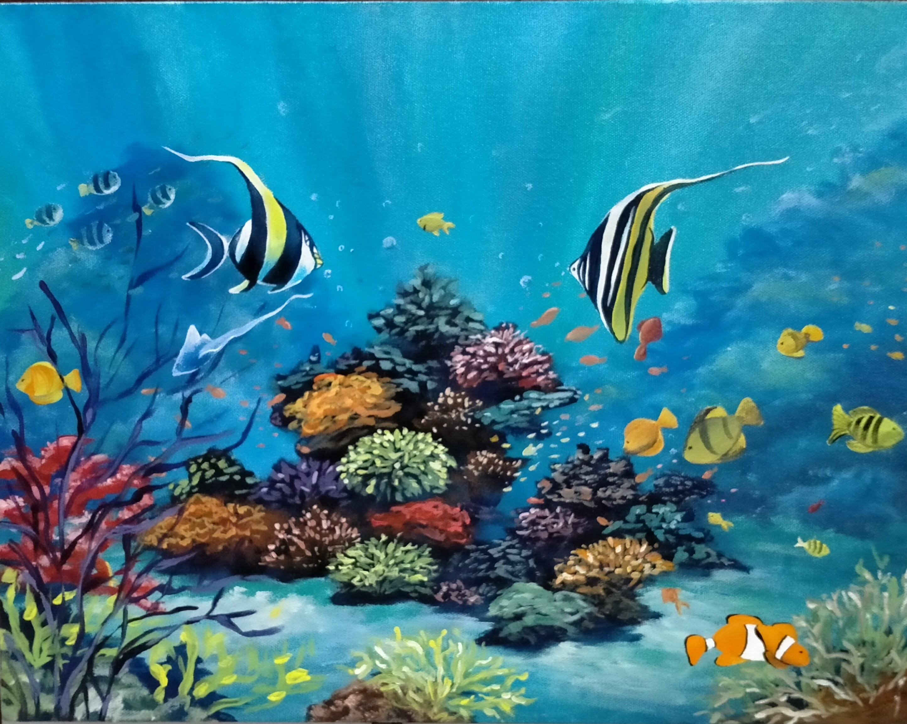 Underwater Ocean Painting with colorful coral on 11x14 Canvas, Under –  Janelle's Acrylic Art